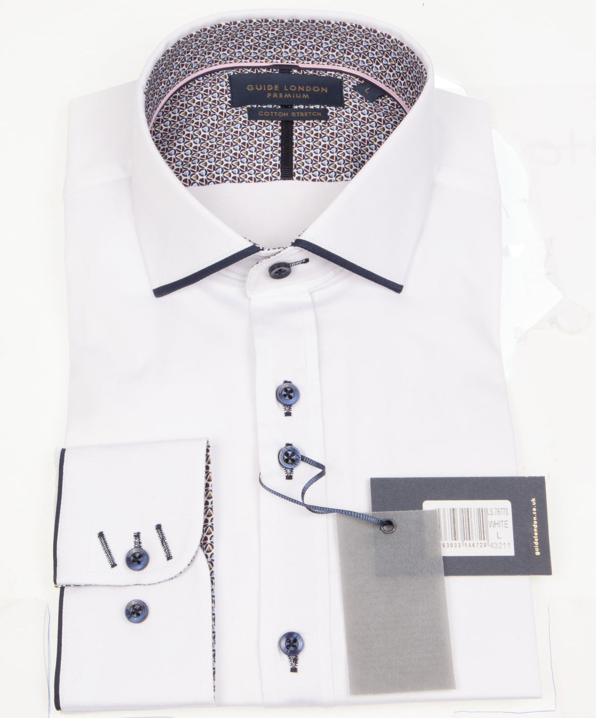Long Sleeve Panelled Collar End On End White Navy Shirt