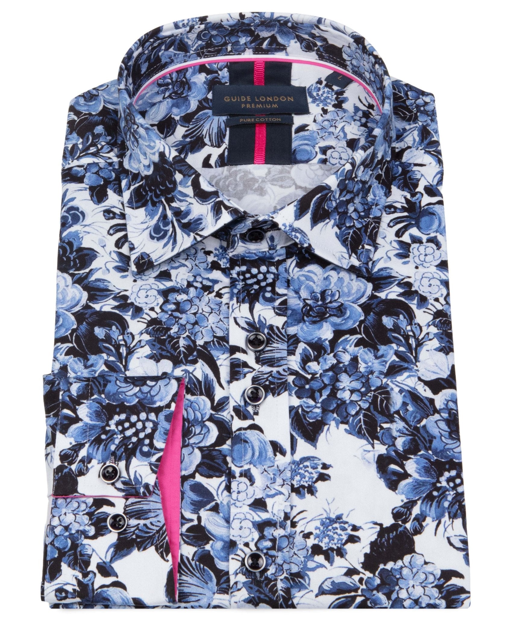 Blue and White Floral Long Sleeve Cotton Shirt