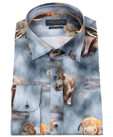 Elephant Motif Long Sleeve Cotton Shirt