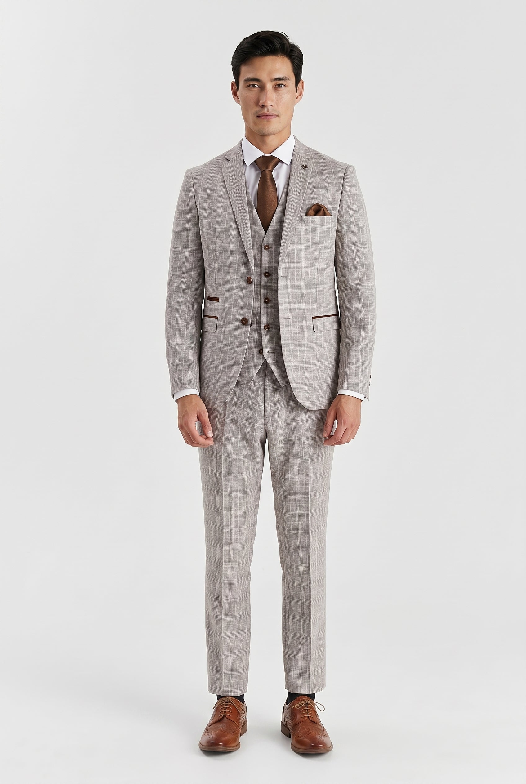 Leo Beige Check Three Piece Suit