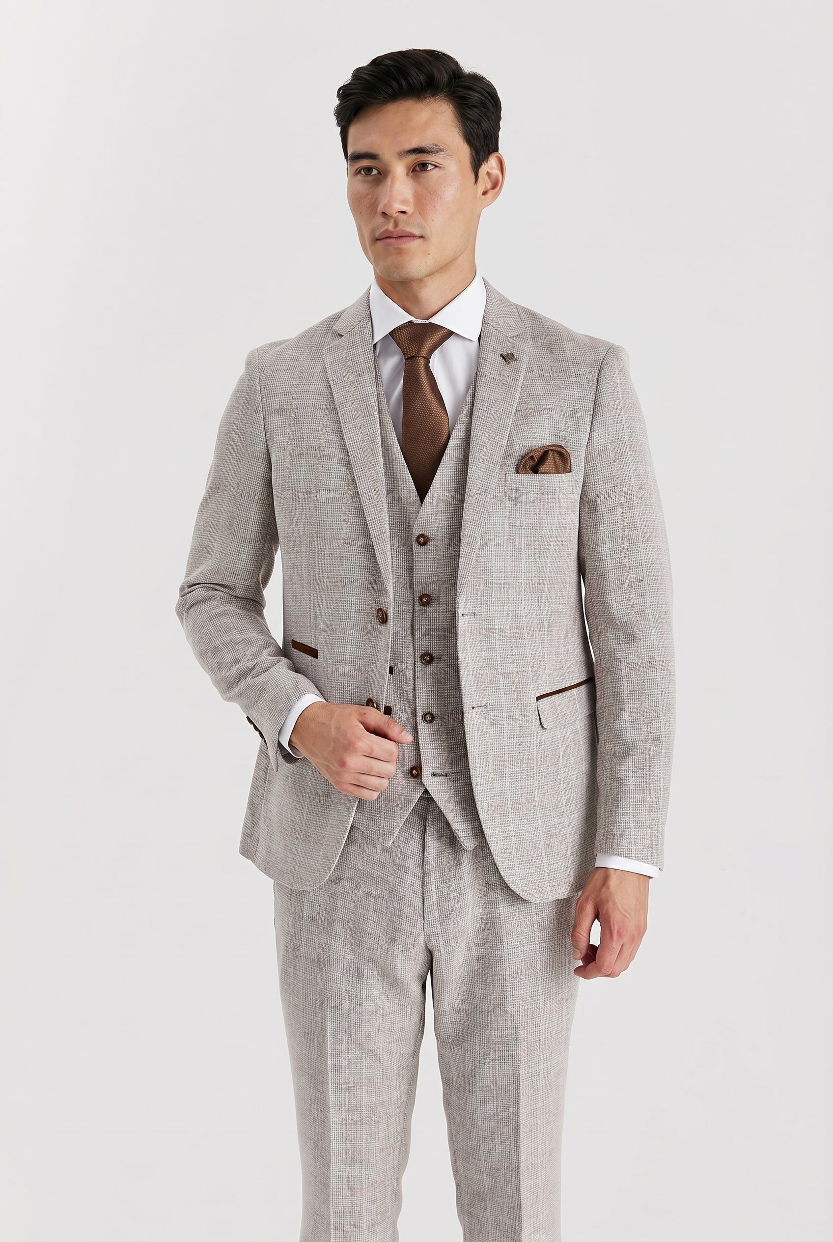 Leo Beige Check Three Piece Suit
