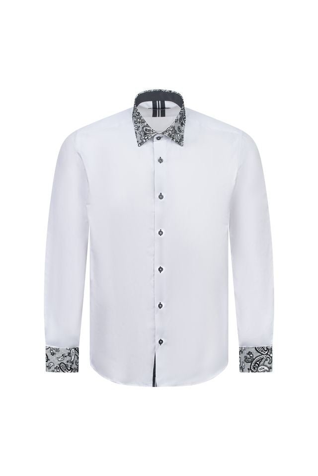 White Shirt with Black Paisley Detail