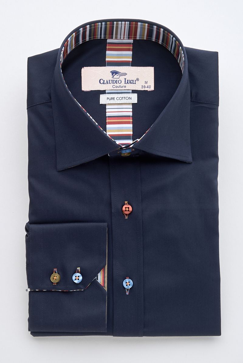 Navy Shirt with Stripe Trim