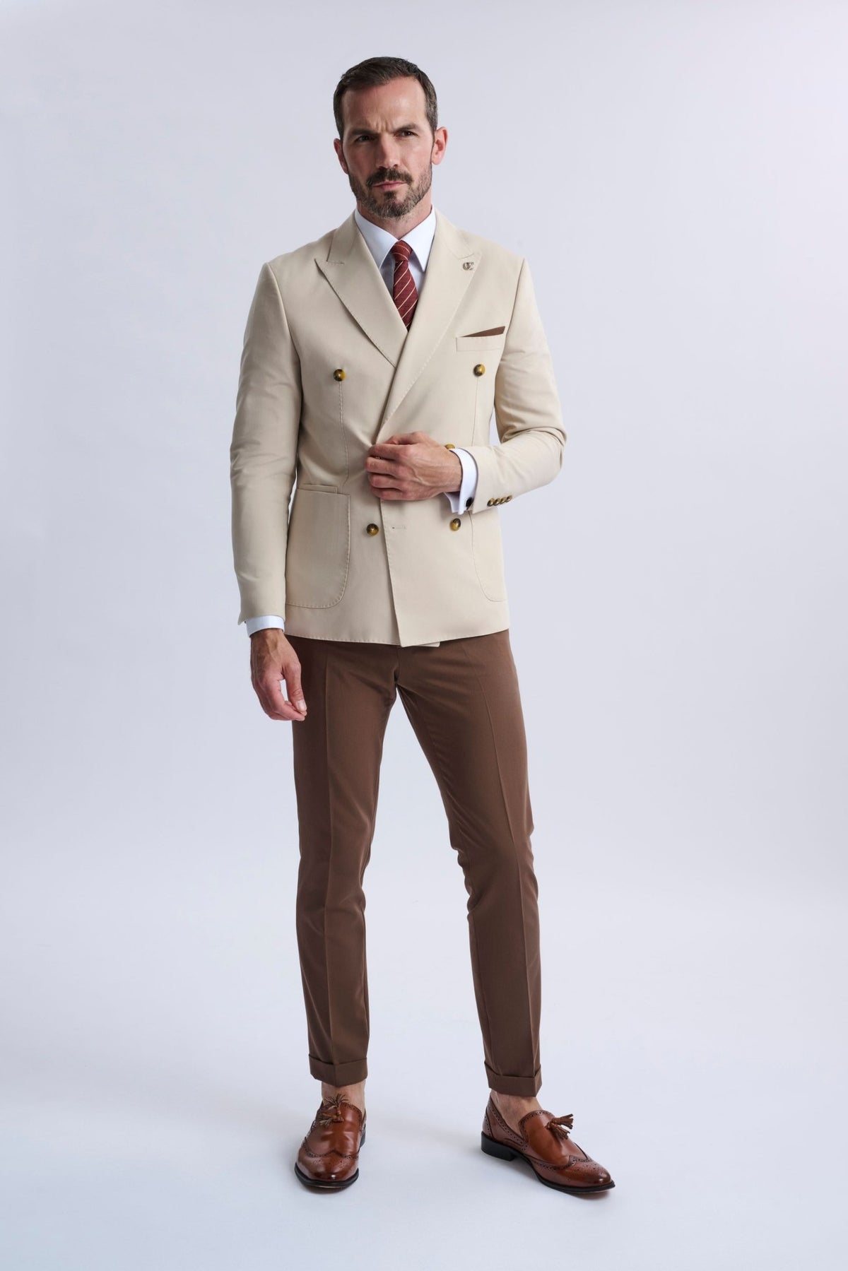 Leandro Fixed Double Breasted Suit Tobacco Trousers