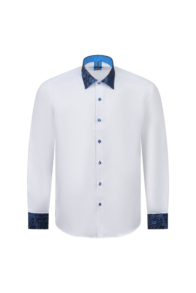 White Shirt with Blue Paisley Contrast Collar & Cuffs