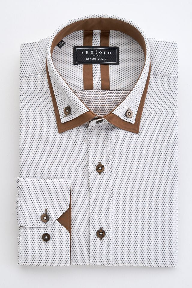 White Shirt with Brown Contrast Collar & Trim