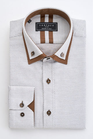 White Shirt with Brown Contrast Collar & Trim