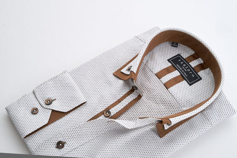 White Shirt with Brown Contrast Collar & Trim