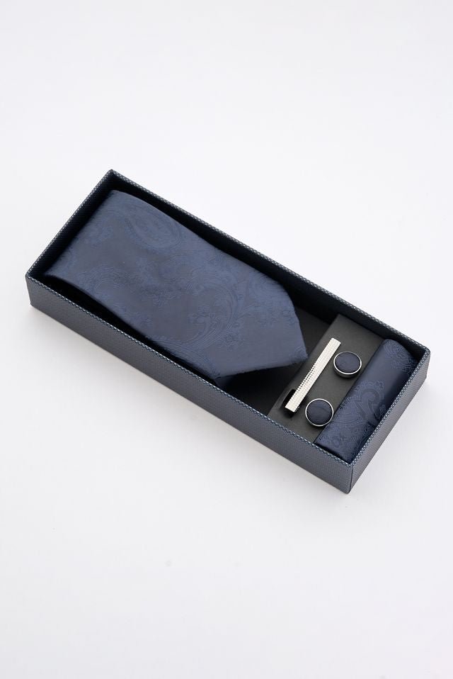 Midnight Blue Paisley Tie Set with Tie Bar & Cufflinks