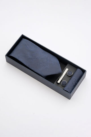 Midnight Blue Paisley Tie Set with Tie Bar & Cufflinks