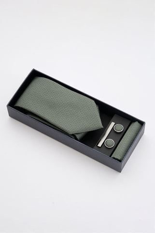 Green Textured Tie Set with Tie Bar & Cufflinks