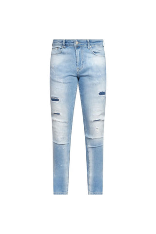 Light Blue Paint-Splatter Distressed Slim Jean