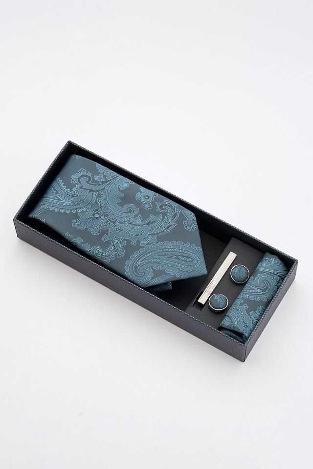 Teal Paisley Tie Set with Tie Bar & Cufflinks