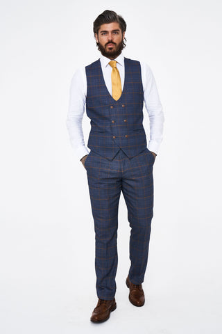 Jenson - Marine Check Suit With Double Breasted Waistcoat