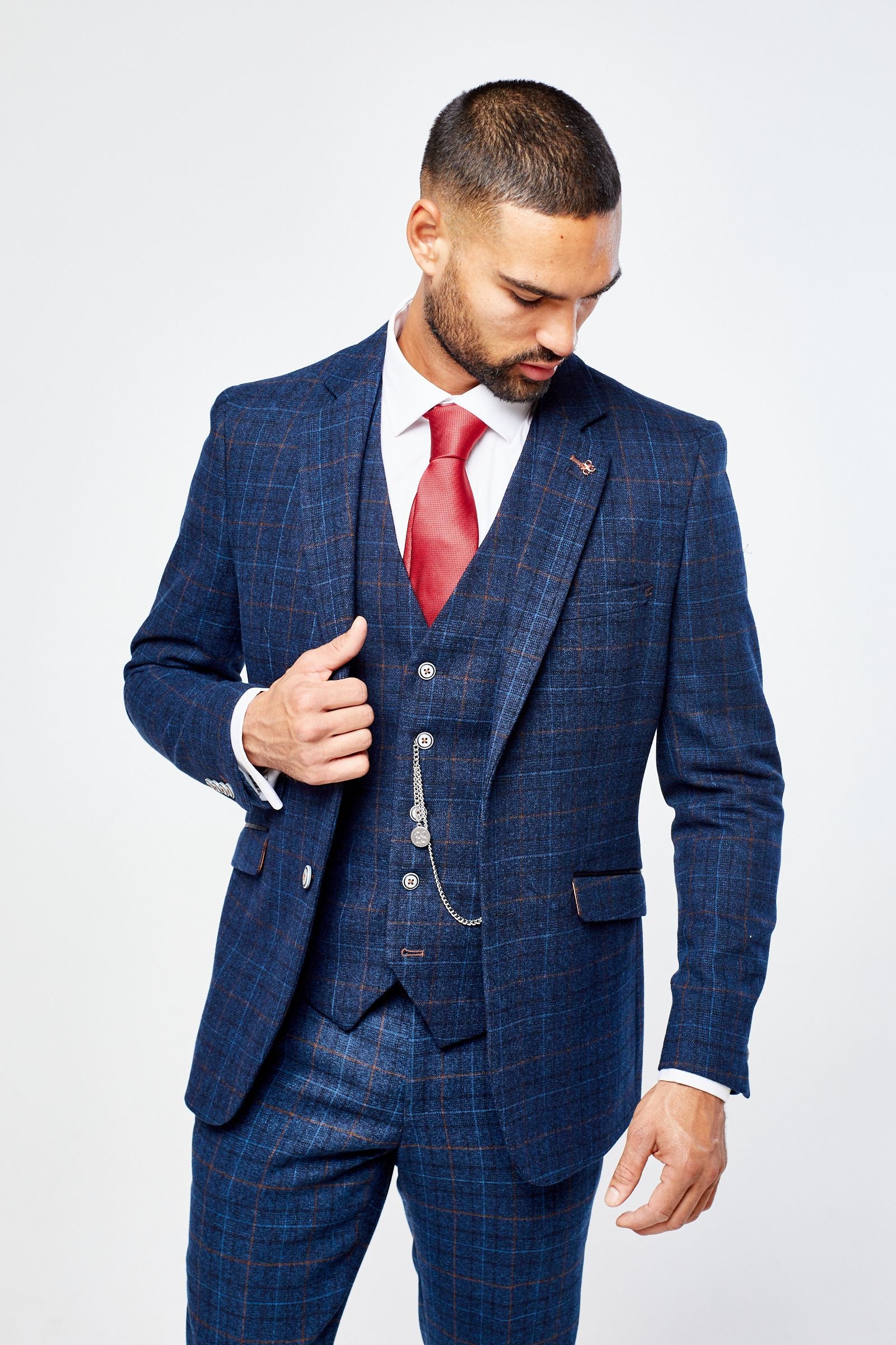 Mens Quality Navy Blue Check Wedding Tailored Fit 3 Piece Suit By Paul  Andrew | eBay