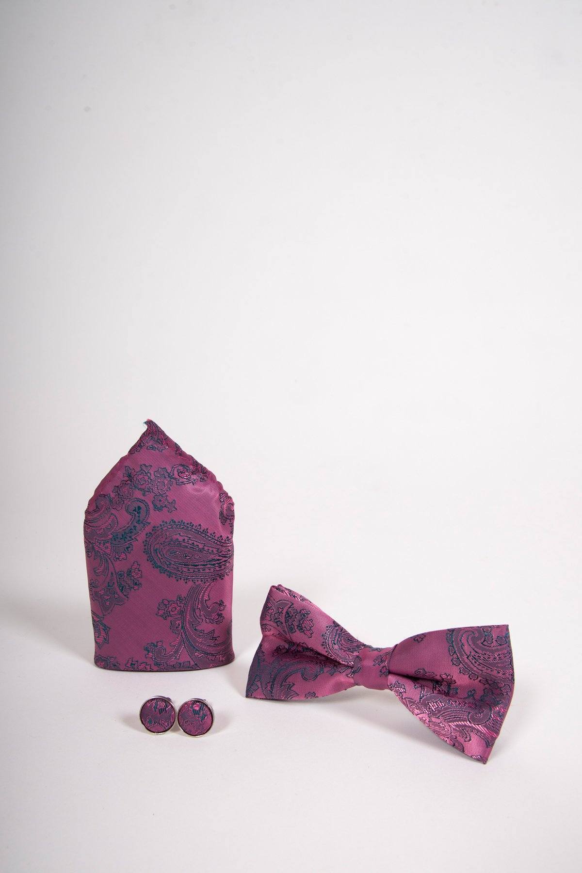 Pink paisley Bow Tie Set-Bow tie, pocket square, Cufflinks.