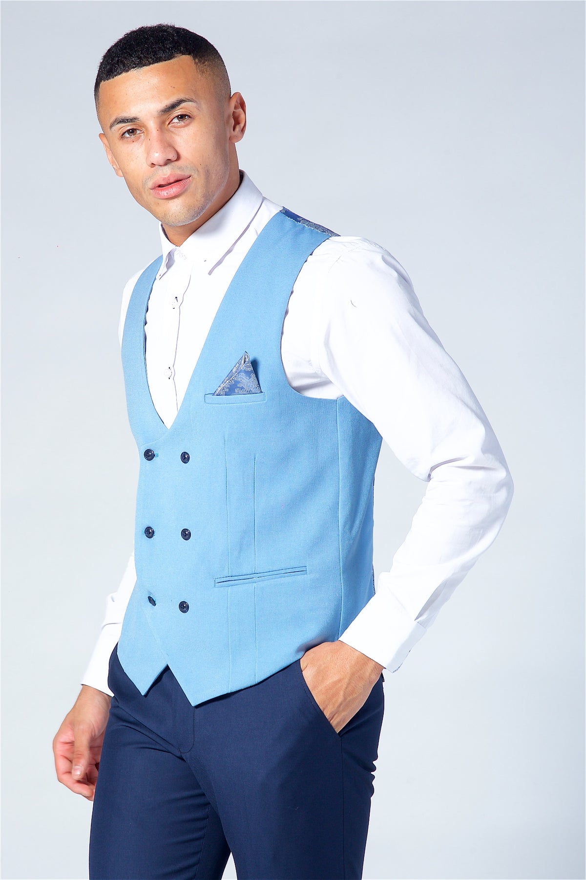 Marc Darcy Kelly Sky Blue Double Breasted Waistcoat