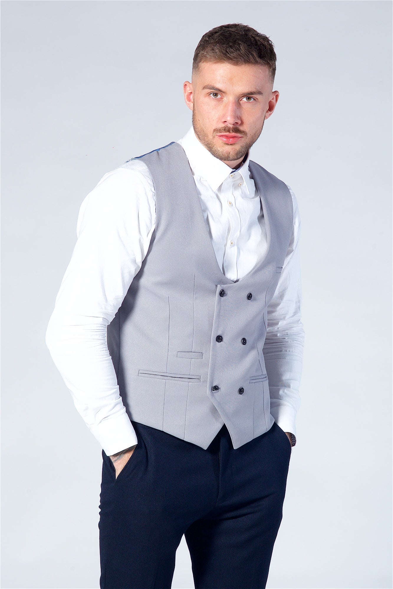 Marc Darcy Kelly Silver Double Breasted Waistcoat
