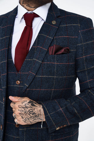 Eton - Navy Blue Tweed Check Three Piece Suit