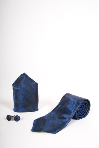 Blue Paisley Print  Tie set- Tie, pock square, cufflinks.