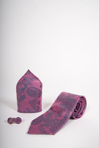 Pink Paisley Print Tie set- Tie, pock square, cufflinks.