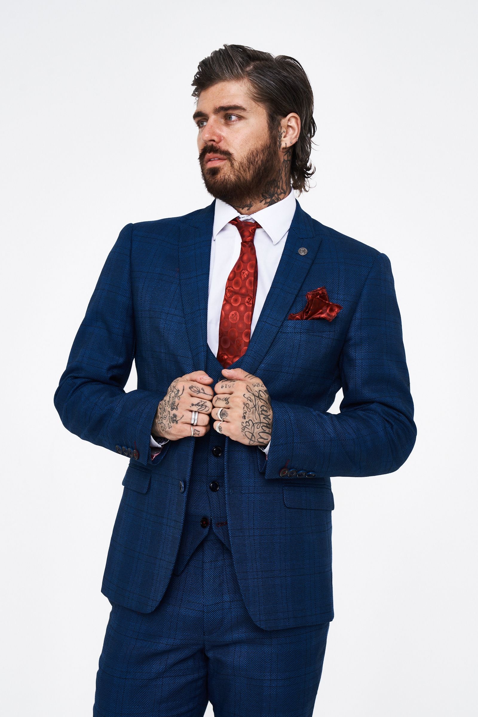Marc Darcy Jerry Blue check Three Piece Suit